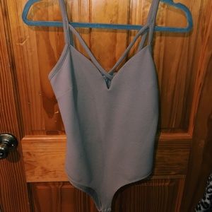 Taupe Criss Cross V Neck Bodysuit